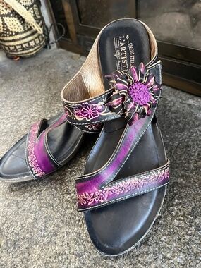 Spring Step L'Artiste Black and Purple Leather Slide Heels Size 9.5 (41)
